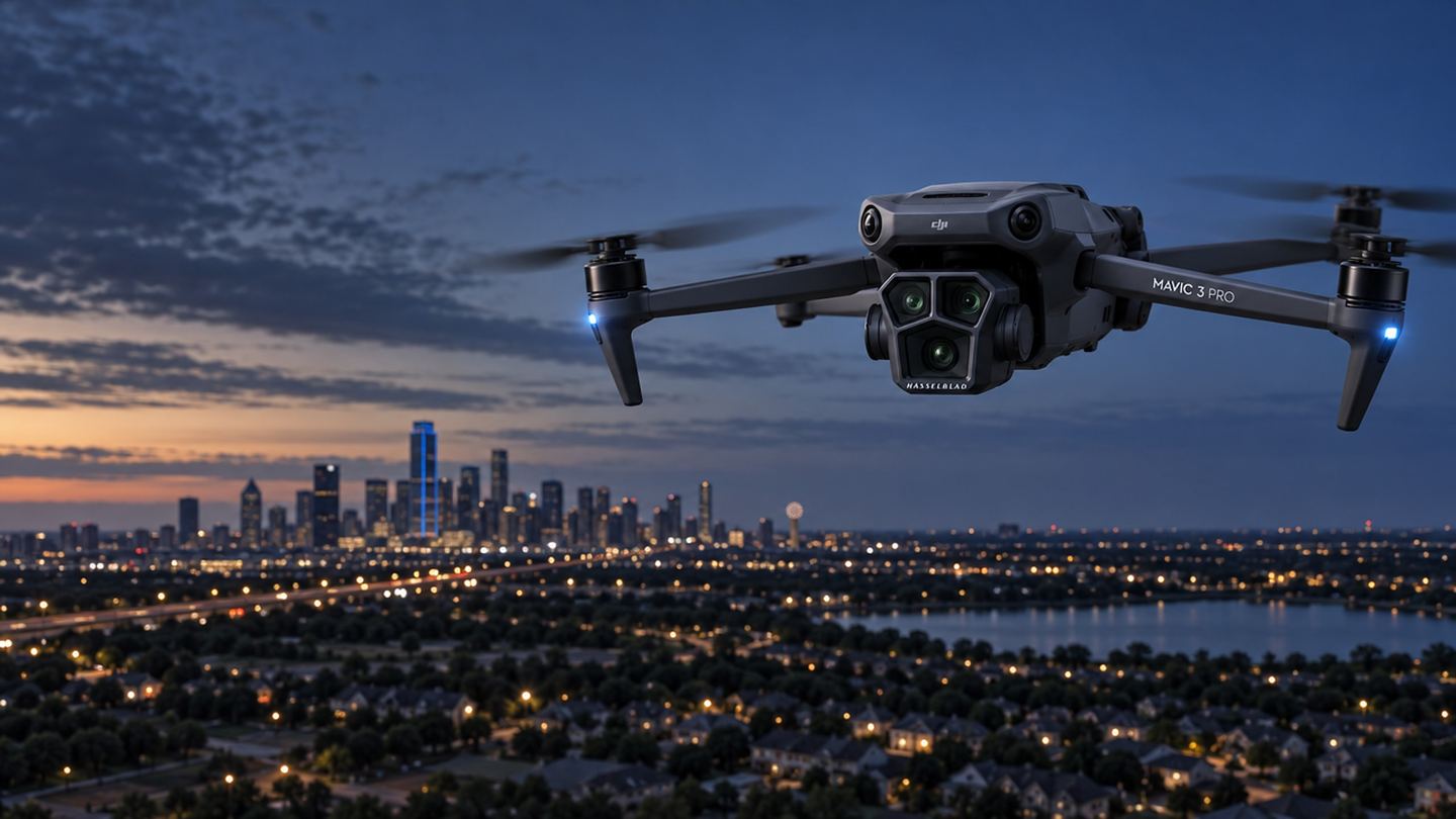 DJI Mavic 3 Pro hovering over Dallas–Fort Worth at blue hour