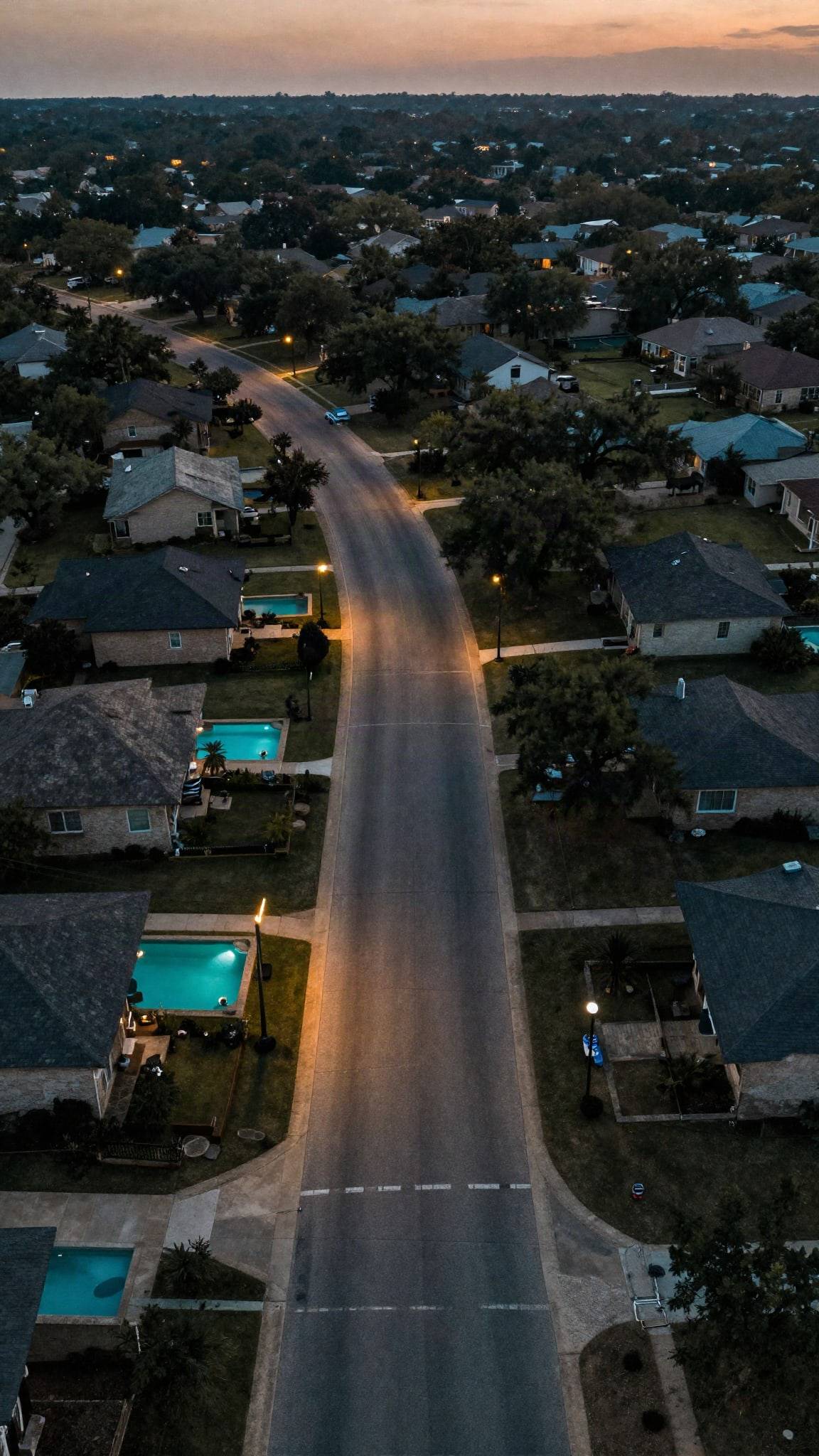 Vertical top-down aerial of a tree-lined street at dusk, framed as a phone Reel