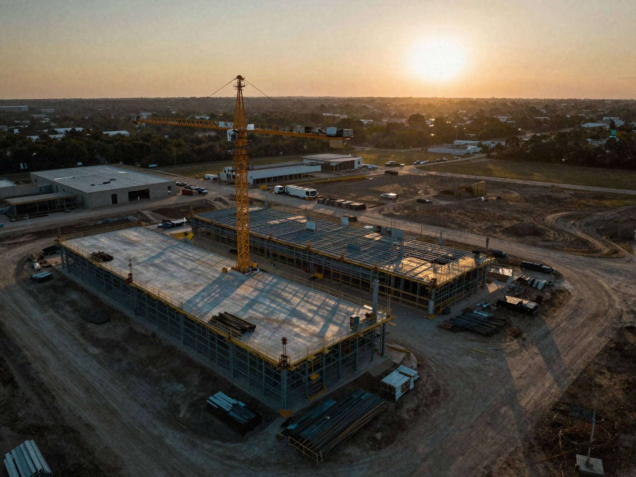 Aerial of a commercial construction site with a tower crane at sunset